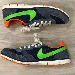 Nike Vintage Navy Suede & Mesh Sneakers with Green Swoosh and Orange Accents